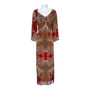 Vintage Red Rust Patterned Maxi Dress Medium